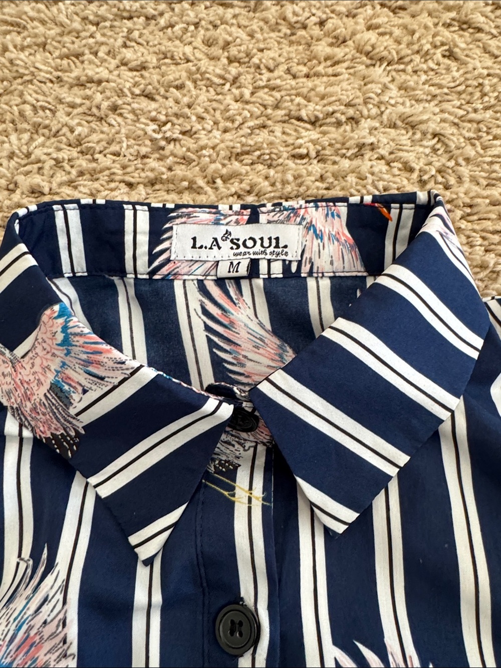 L.A. Soul Womens Navy Striped Button-Front Shirt Dress Cover-up Crane Print, M - Picture 2 of 14